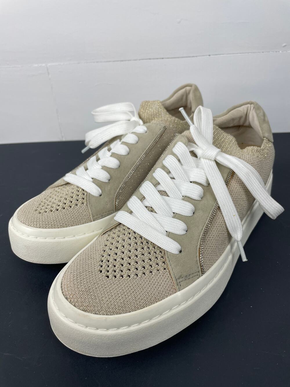 VANELi Sport Yaqira Metallic Knit/Suede Platform Sneakers Light Taupe Sz 7M NWOB